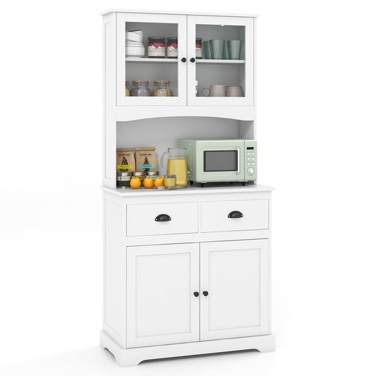 Costway 170 cm Hoog Dressoir met Opzetstuk Servieskast met 4 Deuren van Gehard Glas Wit