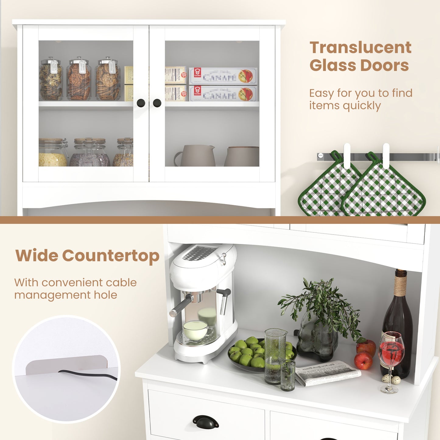 Costway 170 cm Hoog Dressoir met Opzetstuk Servieskast met 4 Deuren van Gehard Glas Wit