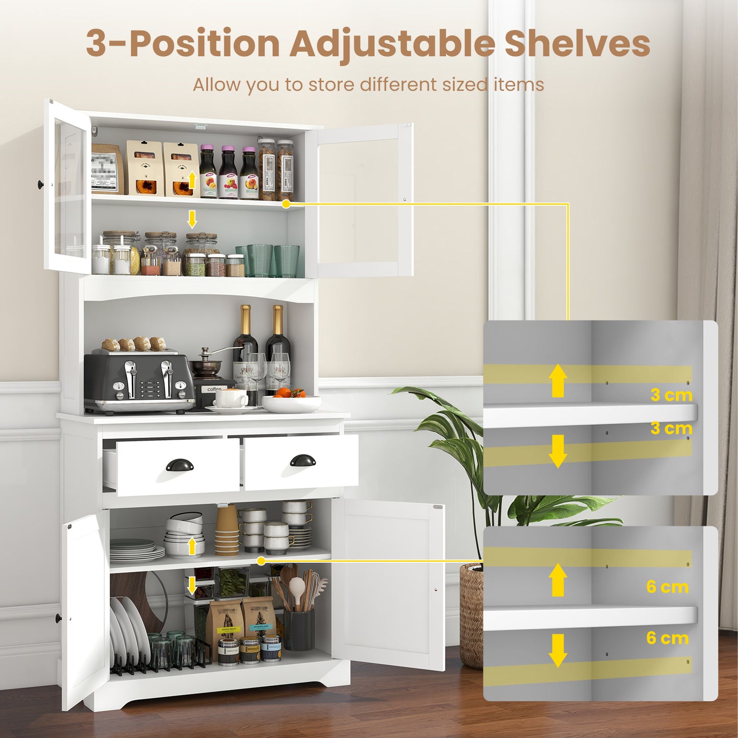 Costway 170 cm Hoog Dressoir met Opzetstuk Servieskast met 4 Deuren van Gehard Glas Wit
