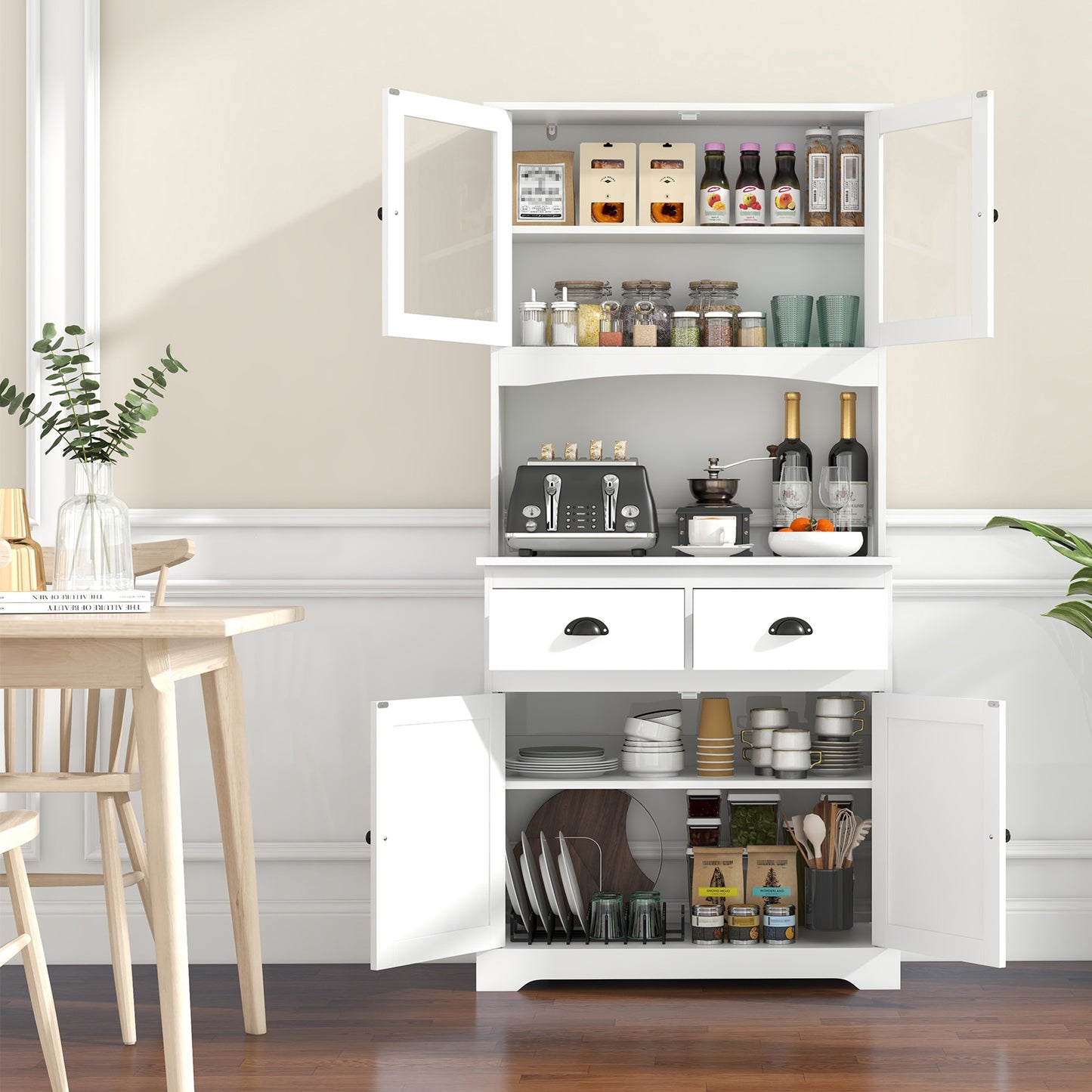 Costway 170 cm Hoog Dressoir met Opzetstuk Servieskast met 4 Deuren van Gehard Glas Wit