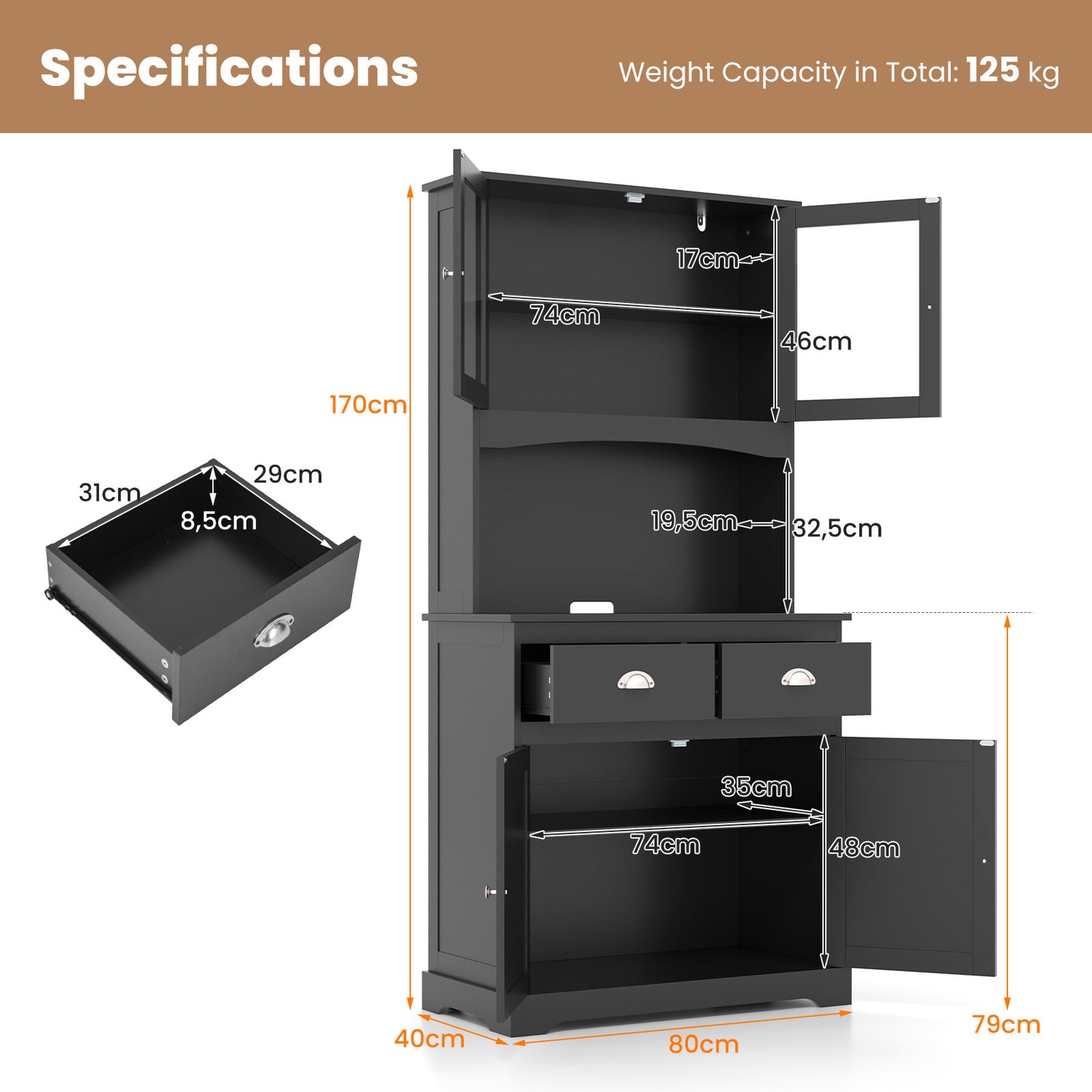 Costway 170 cm Hoog Dressoir met Opzetstuk Servieskast met 4 Deuren van Gehard Glas Zwart