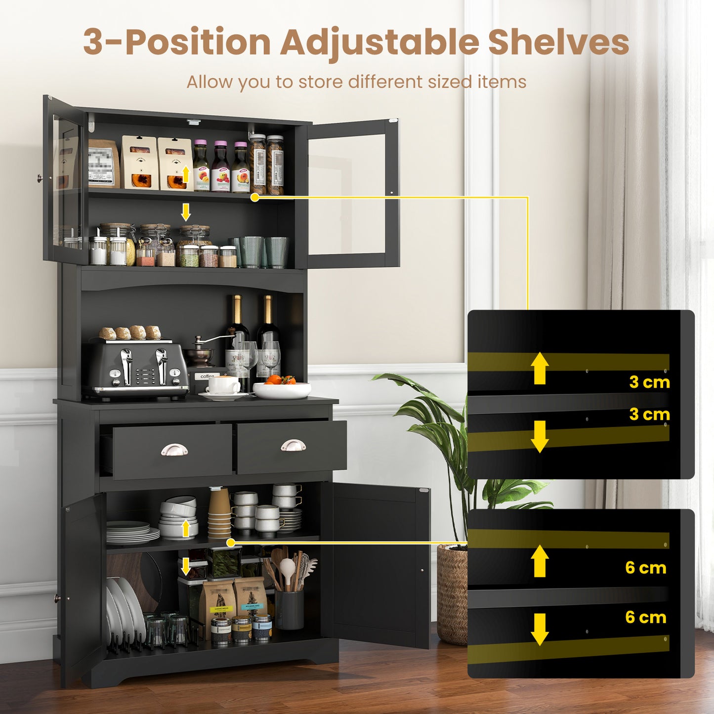 Costway 170 cm Hoog Dressoir met Opzetstuk Servieskast met 4 Deuren van Gehard Glas Zwart