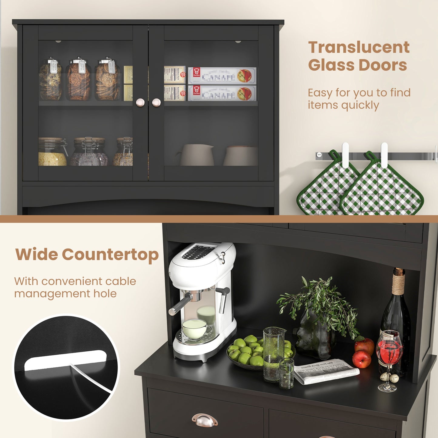 Costway 170 cm Hoog Dressoir met Opzetstuk Servieskast met 4 Deuren van Gehard Glas Zwart