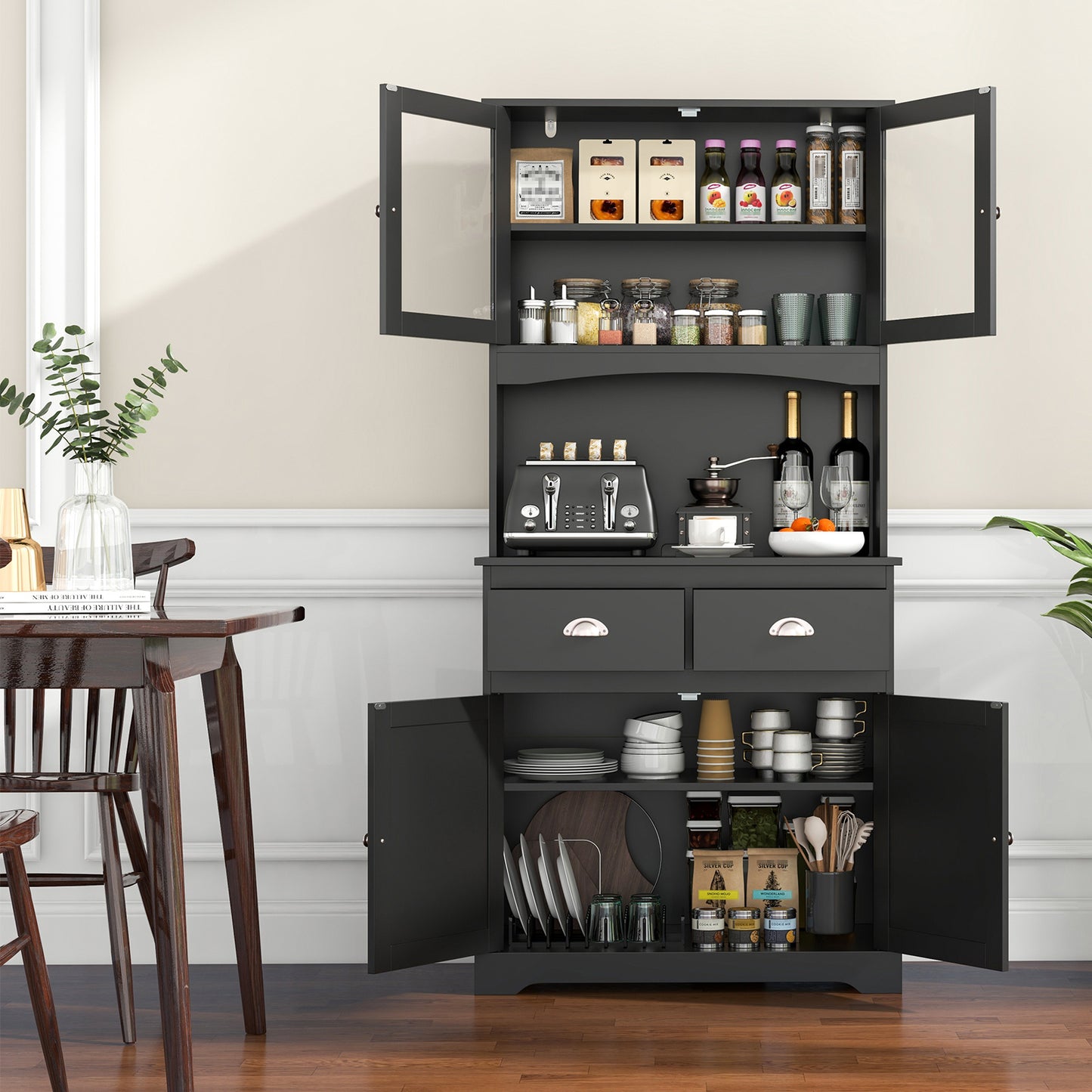 Costway 170 cm Hoog Dressoir met Opzetstuk Servieskast met 4 Deuren van Gehard Glas Zwart