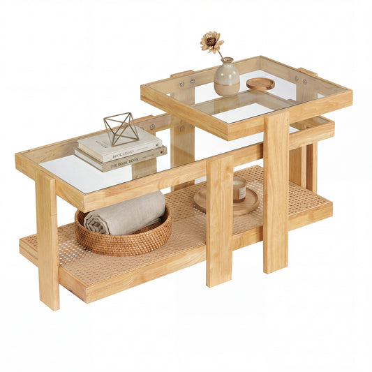 Costway 2-delige Set Salontafel in Boho-stijl Stapelbare Bijzettafel van PE-rattan met Gehard Glazen Blad & Rubberhouten Frame