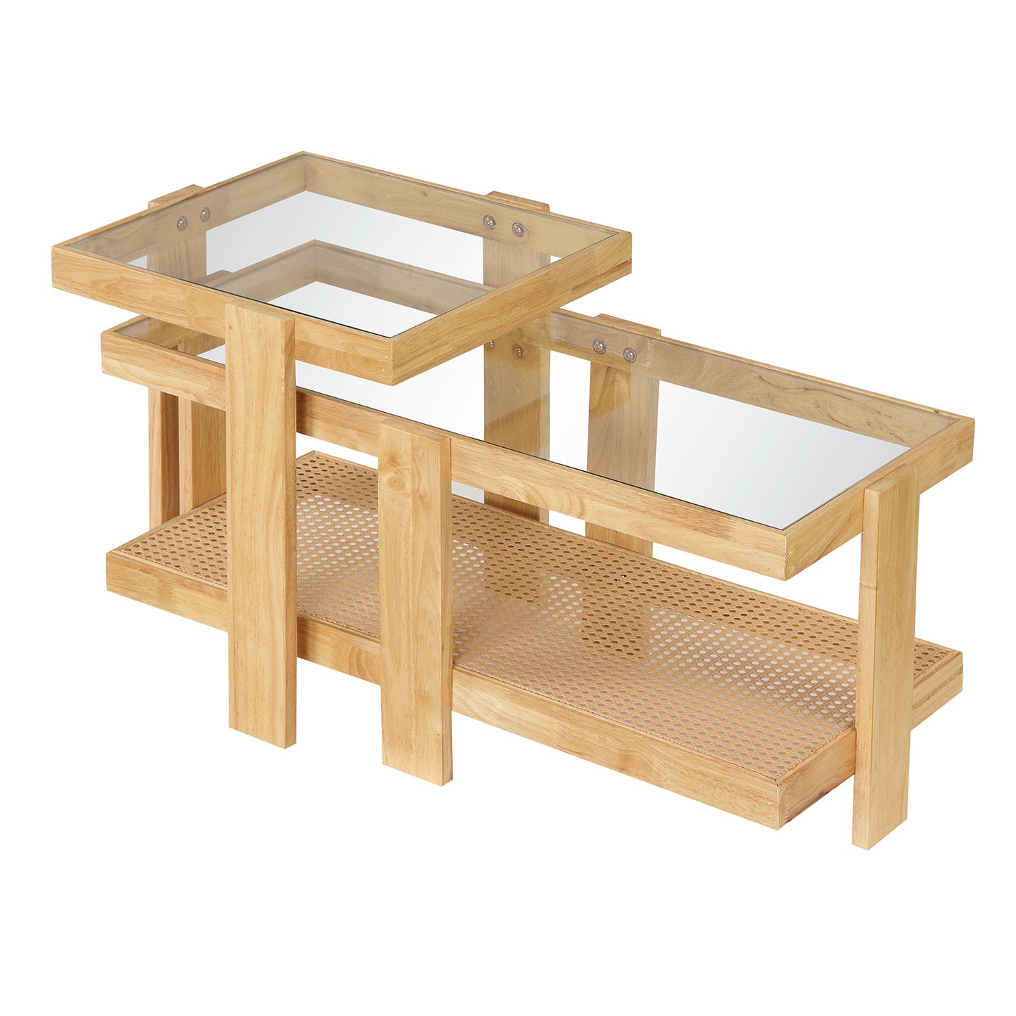 Costway 2-delige Set Salontafel in Boho-stijl Stapelbare Bijzettafel van PE-rattan met Gehard Glazen Blad & Rubberhouten Frame