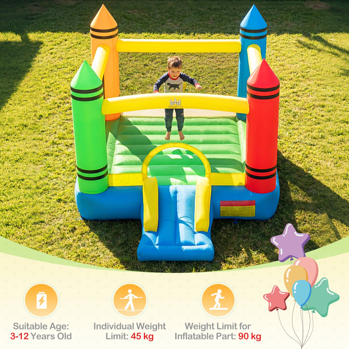 Costway 2-in-1 Opblaasbaar Kasteel met Kleurpotloden-thema Glijbaan en Springgedeelte met een Blazer van 550 W