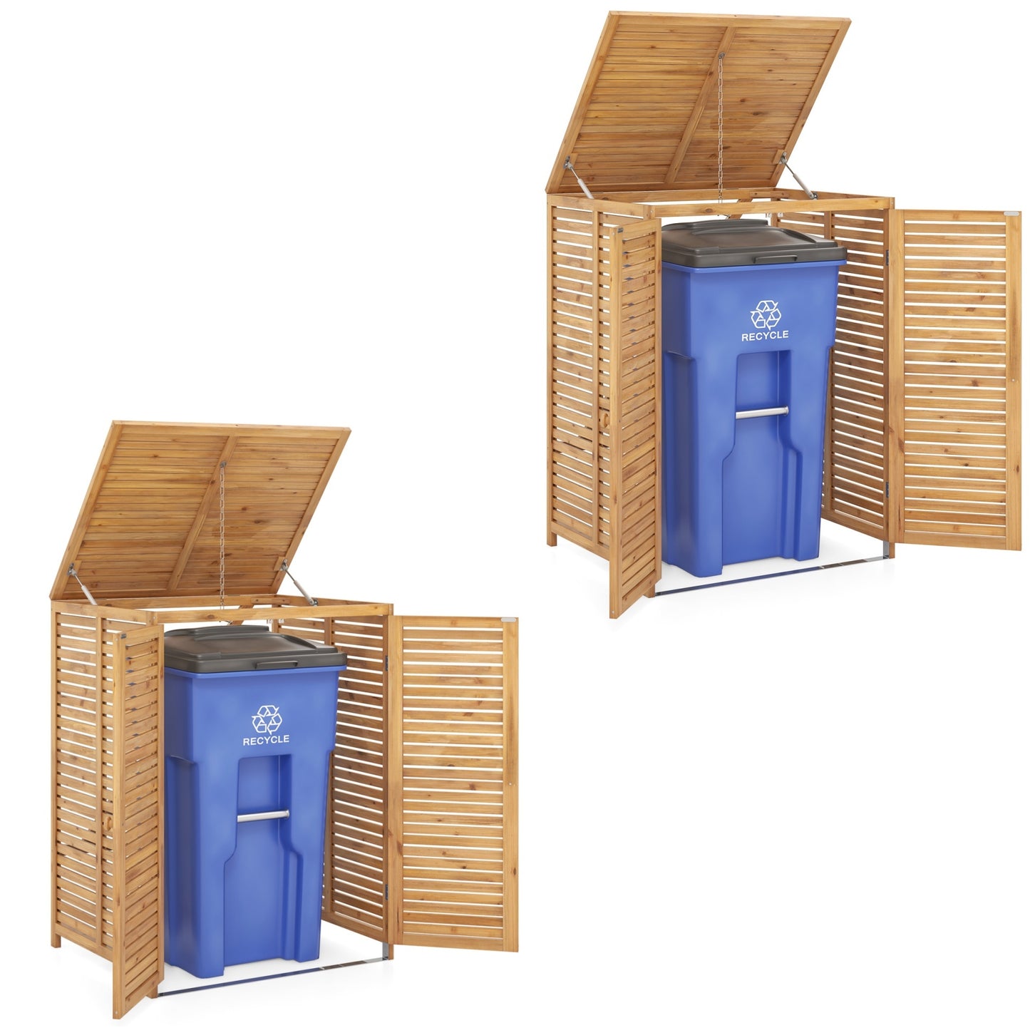 Costway 2 Stucks 120L Houten Afvalberging Gereedschapsberging voor Buiten met Deksel Dat Open Kan Afsluitbaar Slot Buitenberging voor Tuin Natuurlijk