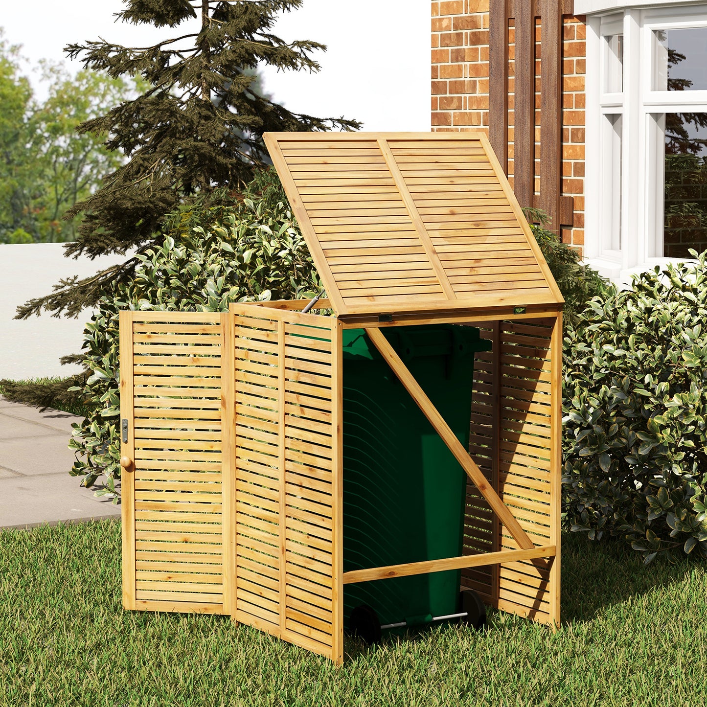 Costway 2 Stucks 120L Houten Afvalberging Gereedschapsberging voor Buiten met Deksel Dat Open Kan Afsluitbaar Slot Buitenberging voor Tuin Natuurlijk