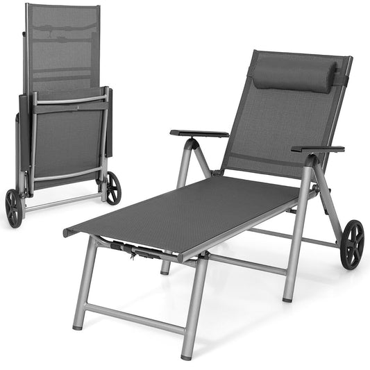 Costway 2 Stucks Aluminium Ligstoel met Wielen Opvouwbaar Ligbed 137,5 x 75 x 23,5 cm Zwart