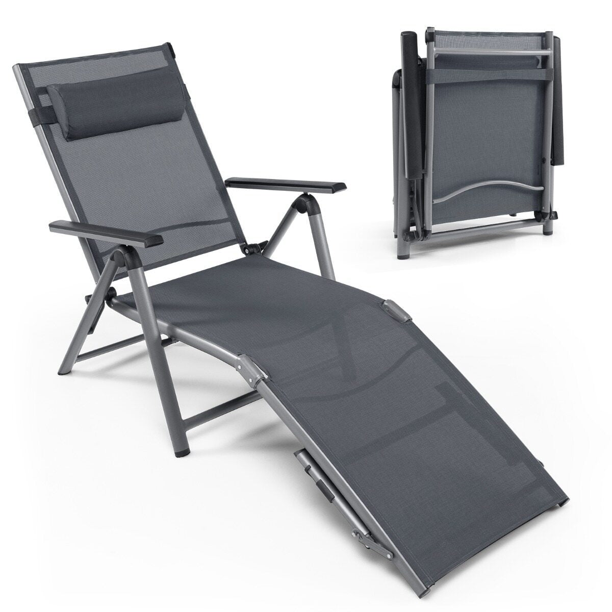 Costway 2 Stucks Buiten Aluminium Ligstoel Patio Opvouwbare Ligstoel met 8 Rugleuning en 2 Poot Verstelbare Posities Ligstoel met Sneldrogende Stof