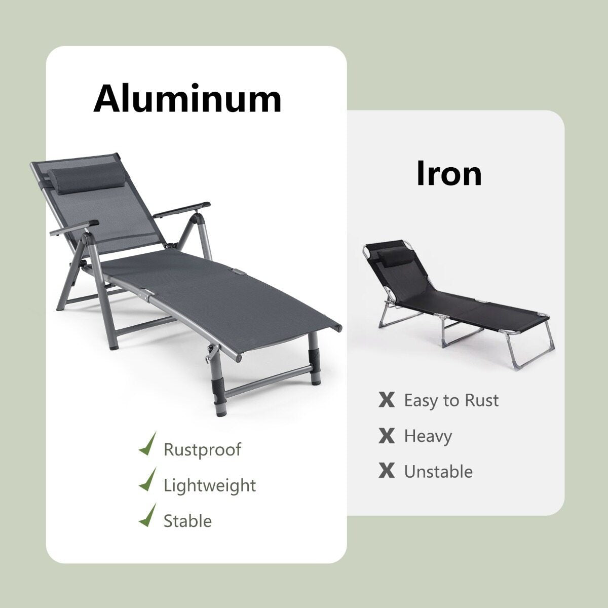 Costway 2 Stucks Buiten Aluminium Ligstoel Patio Opvouwbare Ligstoel met 8 Rugleuning en 2 Poot Verstelbare Posities Ligstoel met Sneldrogende Stof