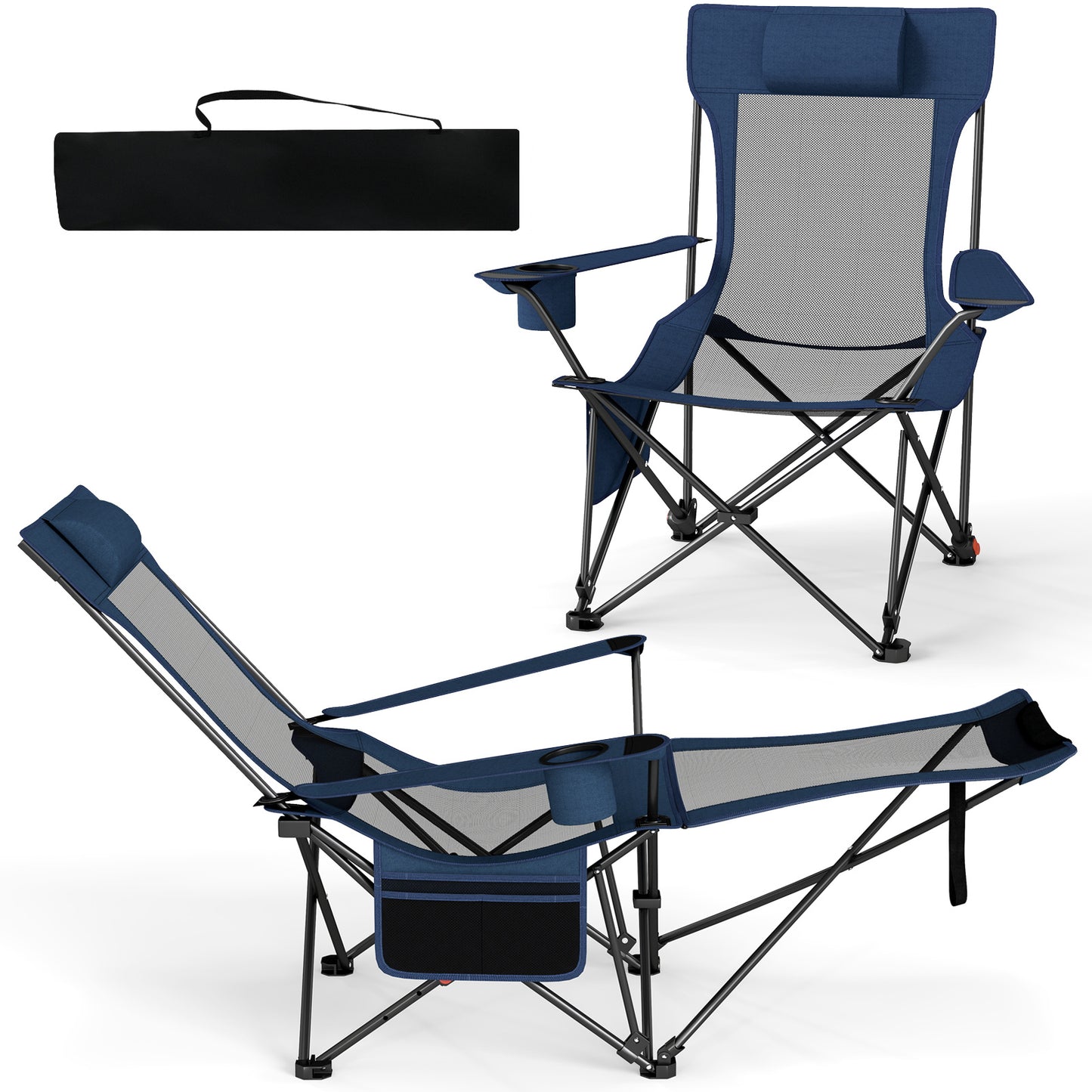 Costway 2 Stucks Campingstoel met Afneembare Voetensteun & Verstelbare Rugleuning & Hoofdsteun Visstoel Blauw