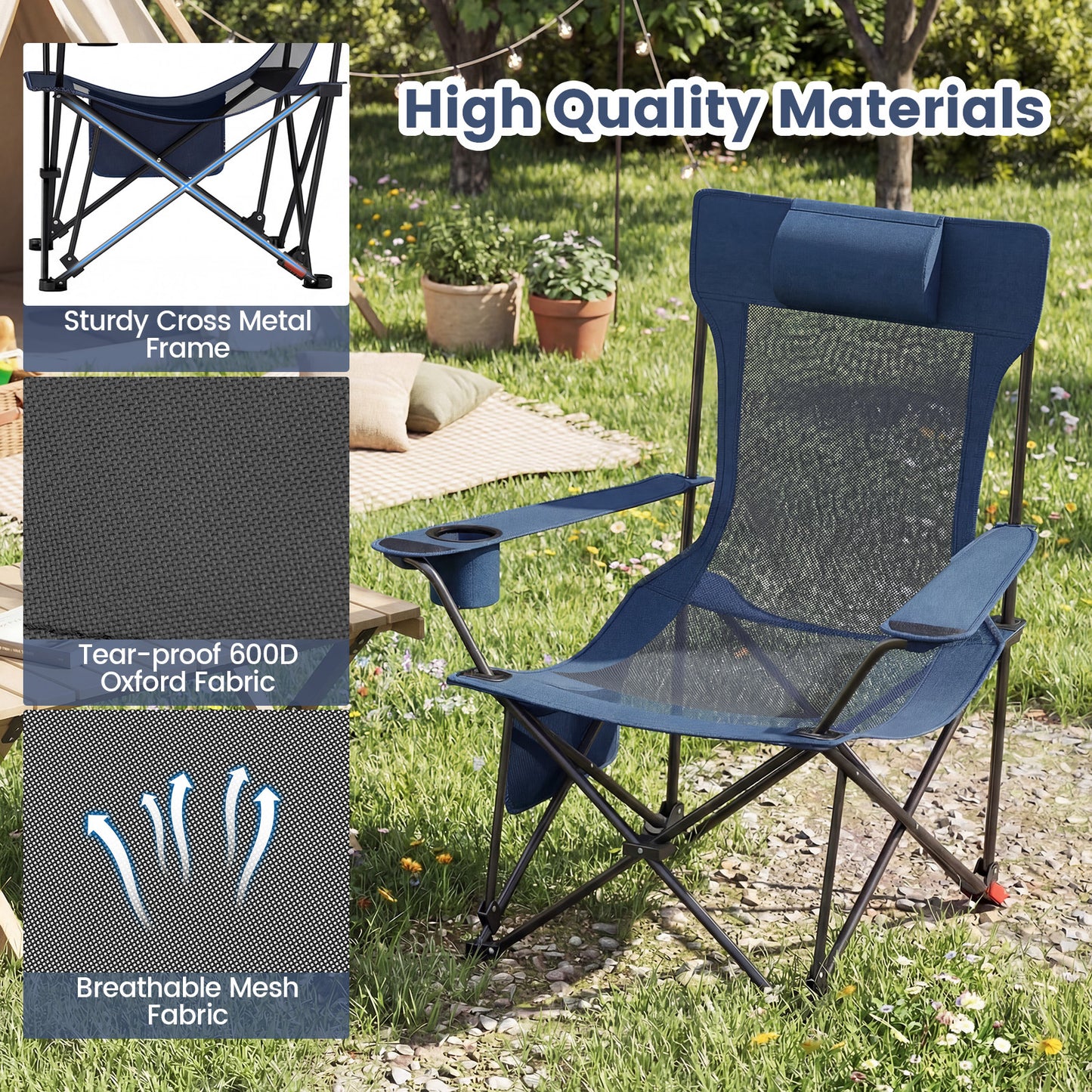 Costway 2 Stucks Campingstoel met Afneembare Voetensteun & Verstelbare Rugleuning & Hoofdsteun Visstoel Blauw