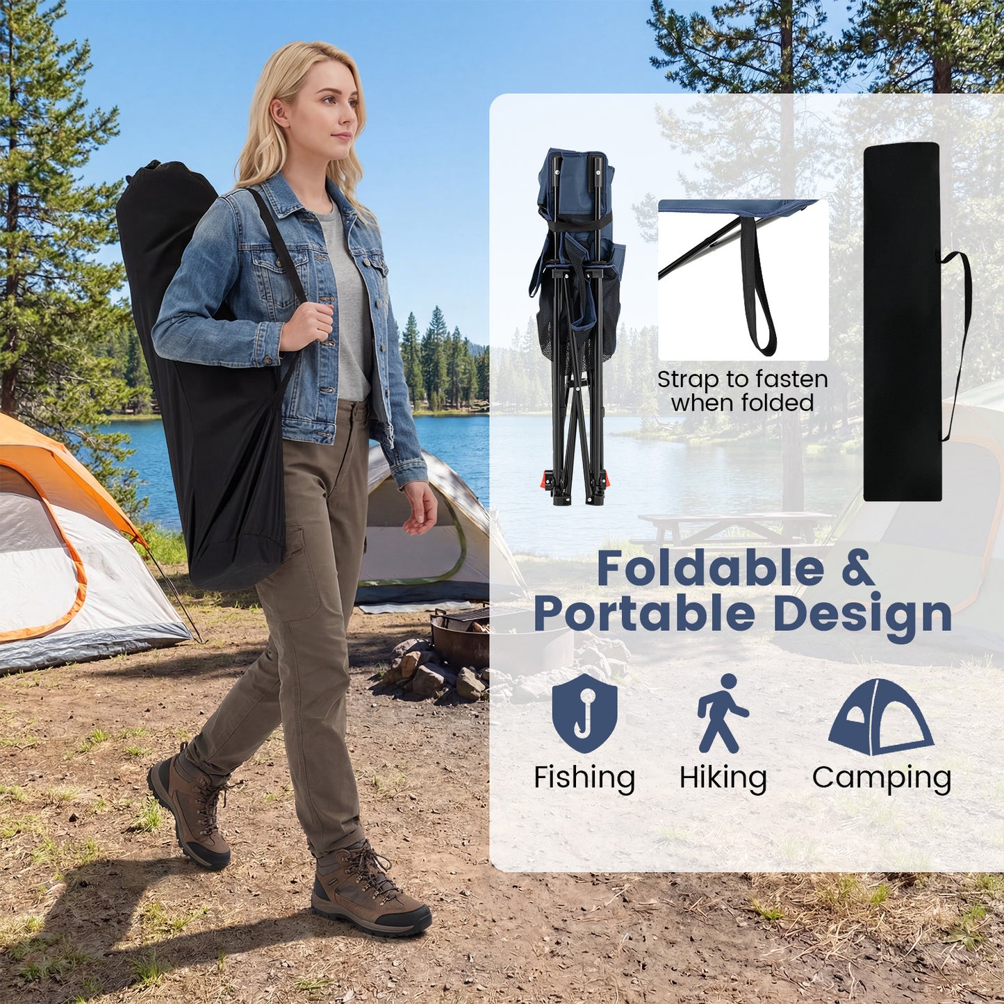 Costway 2 Stucks Campingstoel met Afneembare Voetensteun & Verstelbare Rugleuning & Hoofdsteun Visstoel Blauw