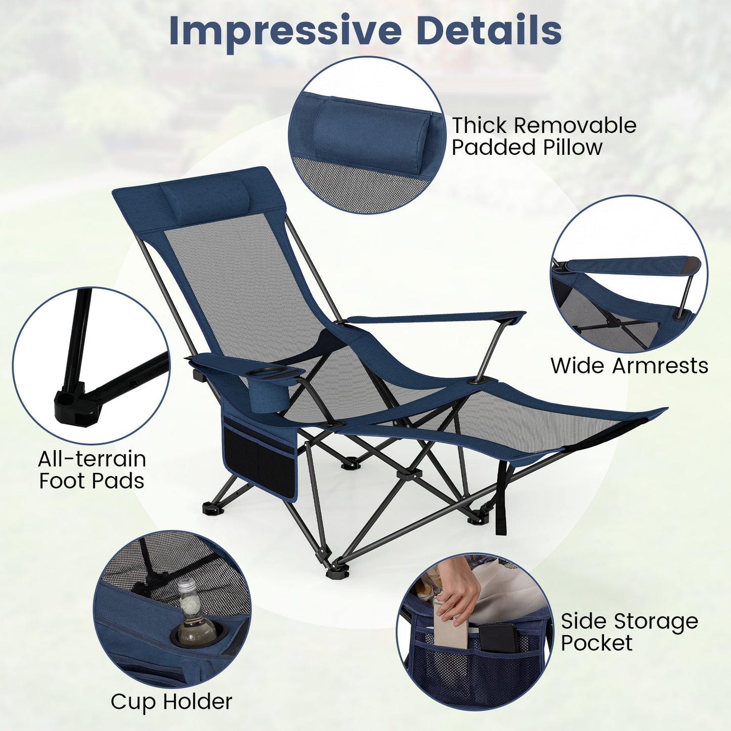 Costway 2 Stucks Campingstoel met Afneembare Voetensteun & Verstelbare Rugleuning & Hoofdsteun Visstoel Blauw