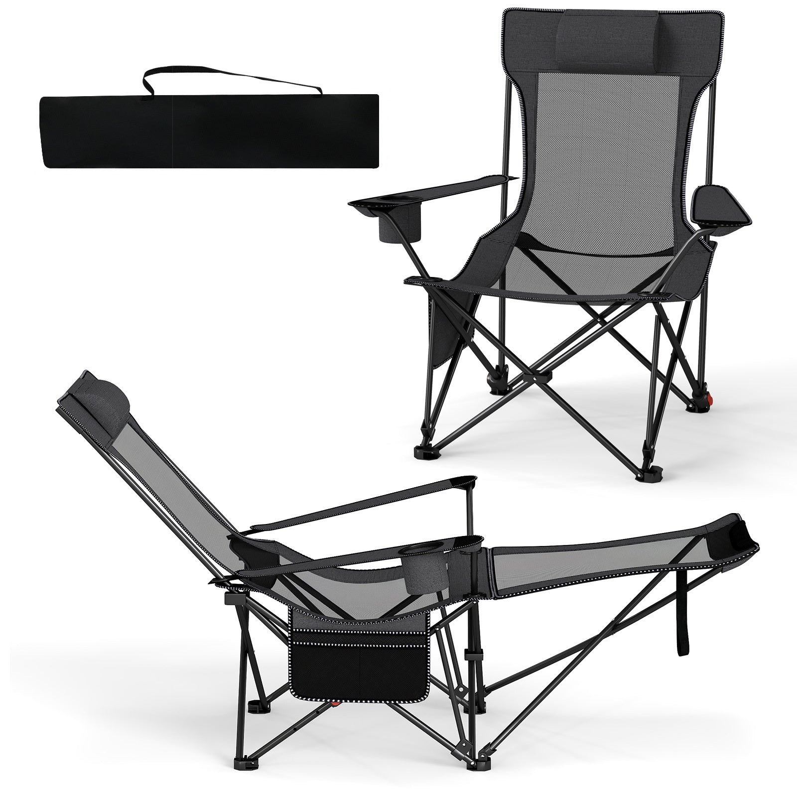 Costway 2 Stucks Campingstoel met Afneembare Voetensteun & Verstelbare Rugleuning & Hoofdsteun Visstoel Grijs