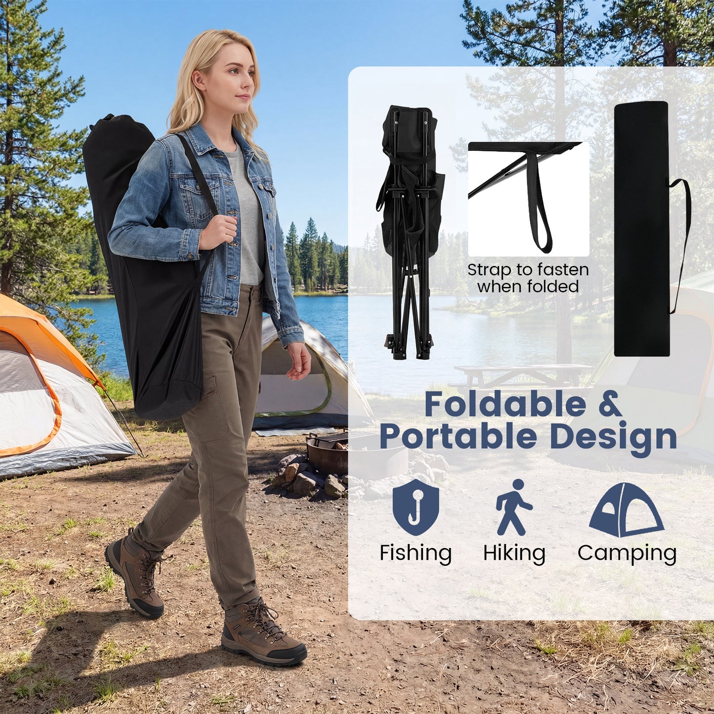 Costway 2 Stucks Campingstoel met Afneembare Voetensteun & Verstelbare Rugleuning & Hoofdsteun Visstoel Zwart
