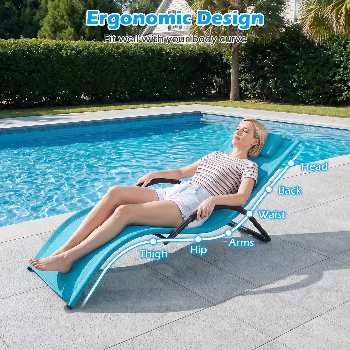 Costway 2 Stucks Ergonomische Ligstoel voor in de Tuin met Afneembare Hoofdkussen Ligstoel van Ademende Stof Blauw