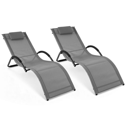 Costway 2 Stucks Ergonomische Ligstoel voor in de Tuin met Afneembare Hoofdkussen Ligstoel van Ademende Stof Grijs