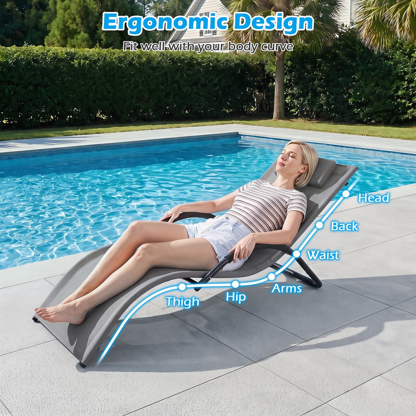 Costway 2 Stucks Ergonomische Ligstoel voor in de Tuin met Afneembare Hoofdkussen Ligstoel van Ademende Stof Grijs