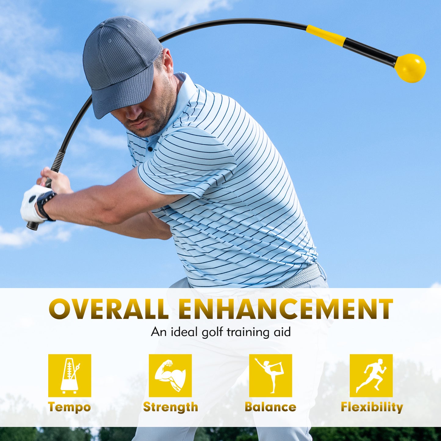 Costway 2 Stucks Golfswingtrainer Trainingsstick voor Warming-up met Verzwaarde Kop voor Grip Geel