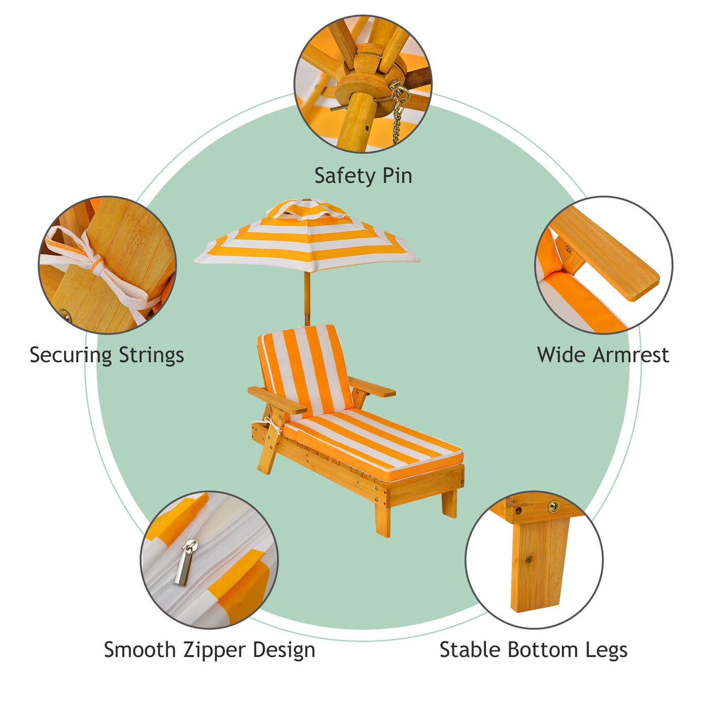 Costway (2 Stucks) Kinderligstoel met Parasol Kinderligstoel Hout 106 x 49 x 106 cm Geel + Wit