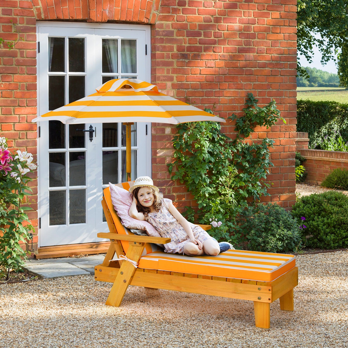 Costway (2 Stucks) Kinderligstoel met Parasol Kinderligstoel Hout 106 x 49 x 106 cm Geel + Wit