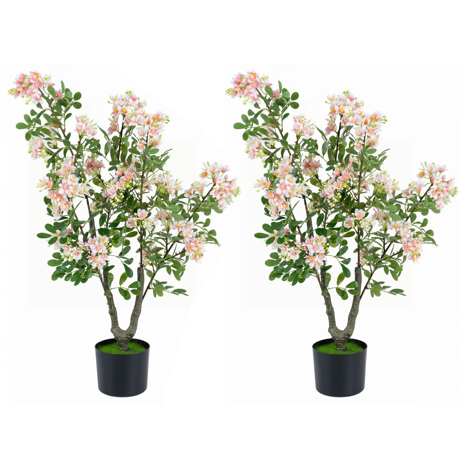 Costway 2 Stucks Kunstmatige Impatiens-boom van 90 cm Kunstplant in pot met 210 Zijden Bloemen en 55 Bladeren
