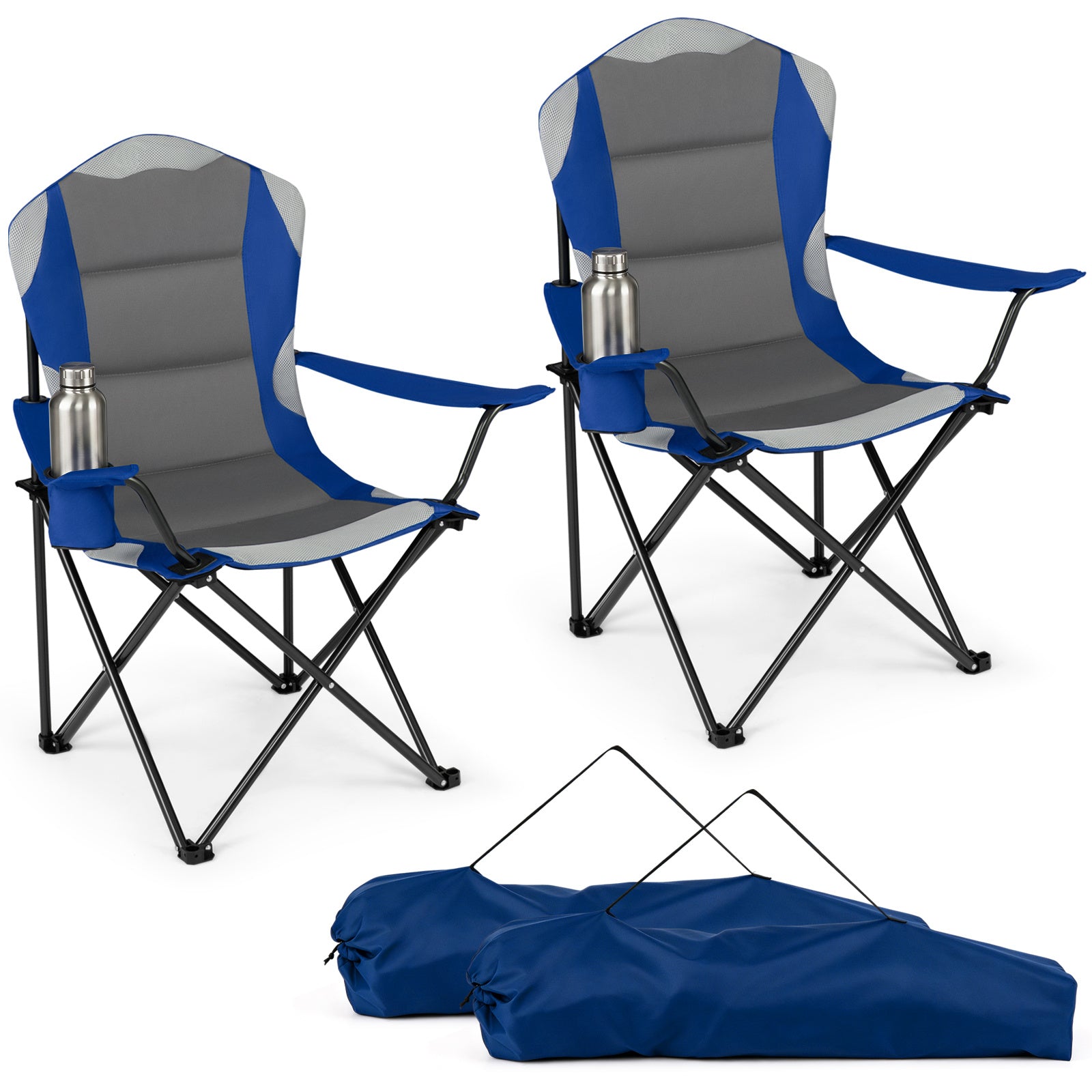 Costway 2 Stucks Opvouwbare Campingstoel Draagbare Visstoel met Bekerhouder Antislip Voeten Draagtas tot 150 kg Belastbaar Blauw