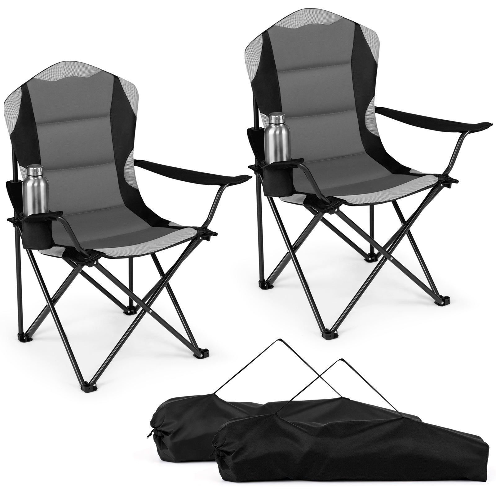 Costway 2 Stucks Opvouwbare Campingstoel Draagbare Visstoel met Bekerhouder Antislip Voeten Draagtas tot 150 kg Belastbaar Zwart