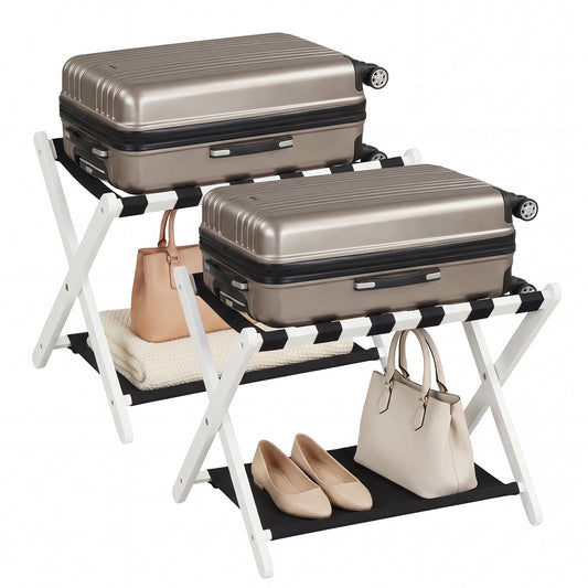 Costway 2 Stucks Opvouwbare Kofferstandaard Bagagerek van Rubberboomhout met 2 Legplanken Kofferbok 67 x 46 x 52 cm Wit en Zwart