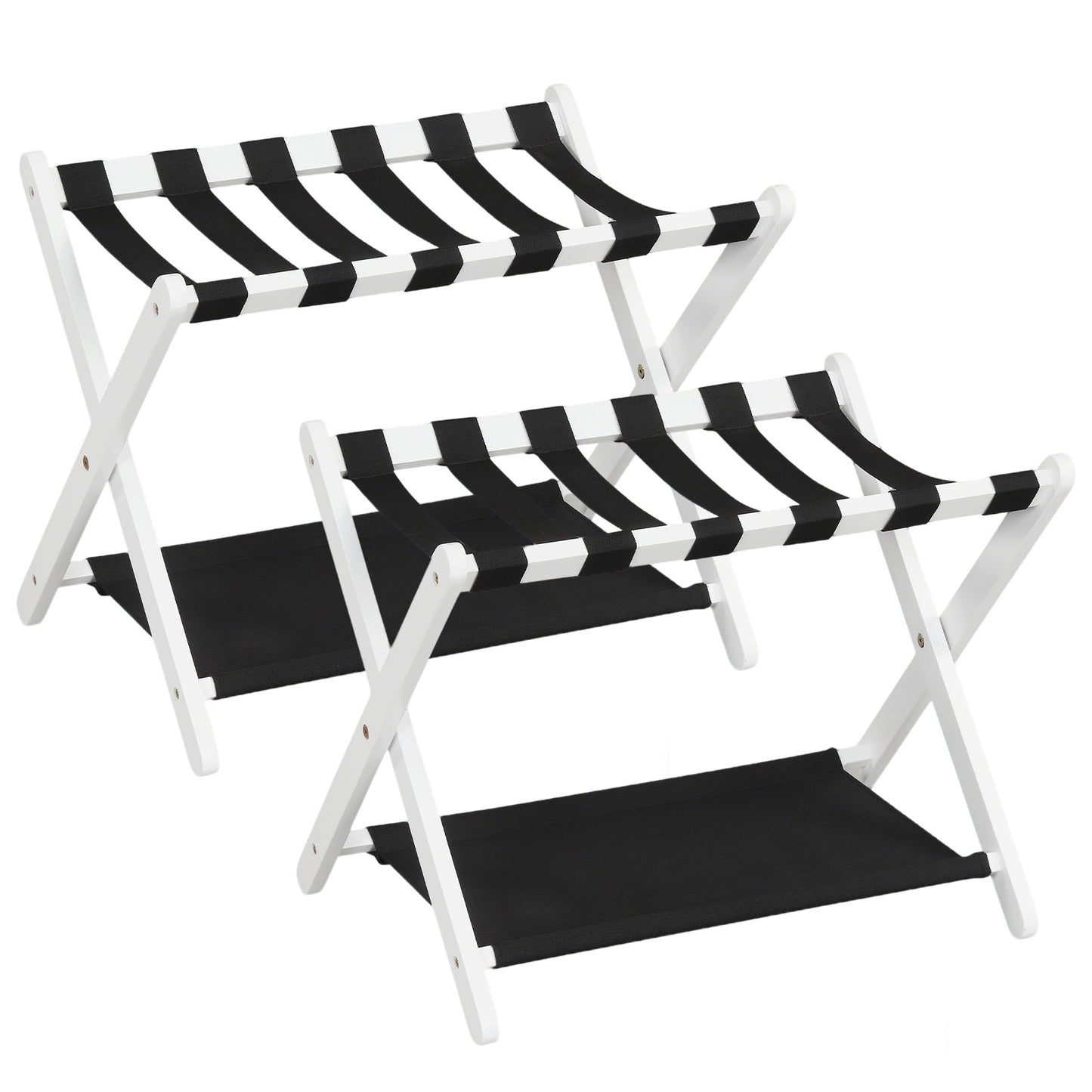 Costway 2 Stucks Opvouwbare Kofferstandaard Bagagerek van Rubberboomhout met 2 Legplanken Kofferbok 67 x 46 x 52 cm Wit en Zwart