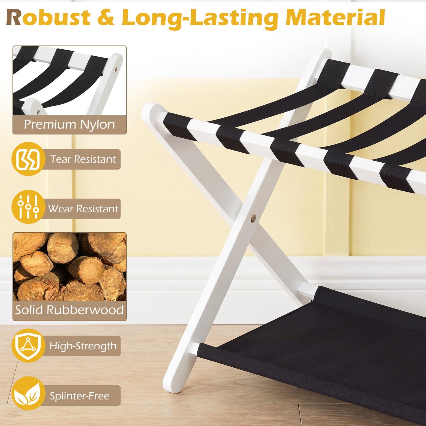 Costway 2 Stucks Opvouwbare Kofferstandaard Bagagerek van Rubberboomhout met 2 Legplanken Kofferbok 67 x 46 x 52 cm Wit en Zwart