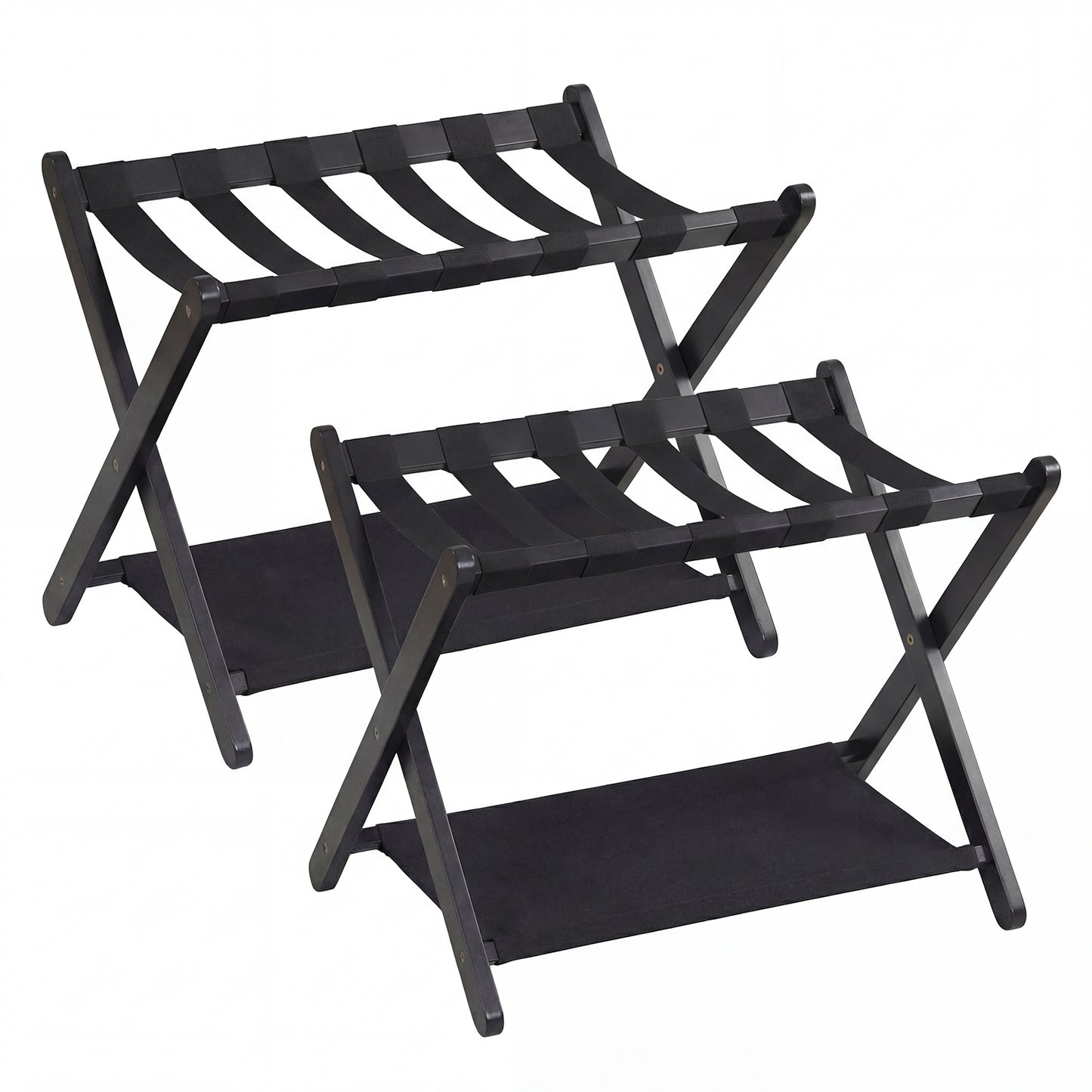 Costway 2 Stucks Opvouwbare Kofferstandaard Bagagerek van Rubberboomhout met 2 Legplanken Kofferbok 67 x 46 x 52 cm Zwart