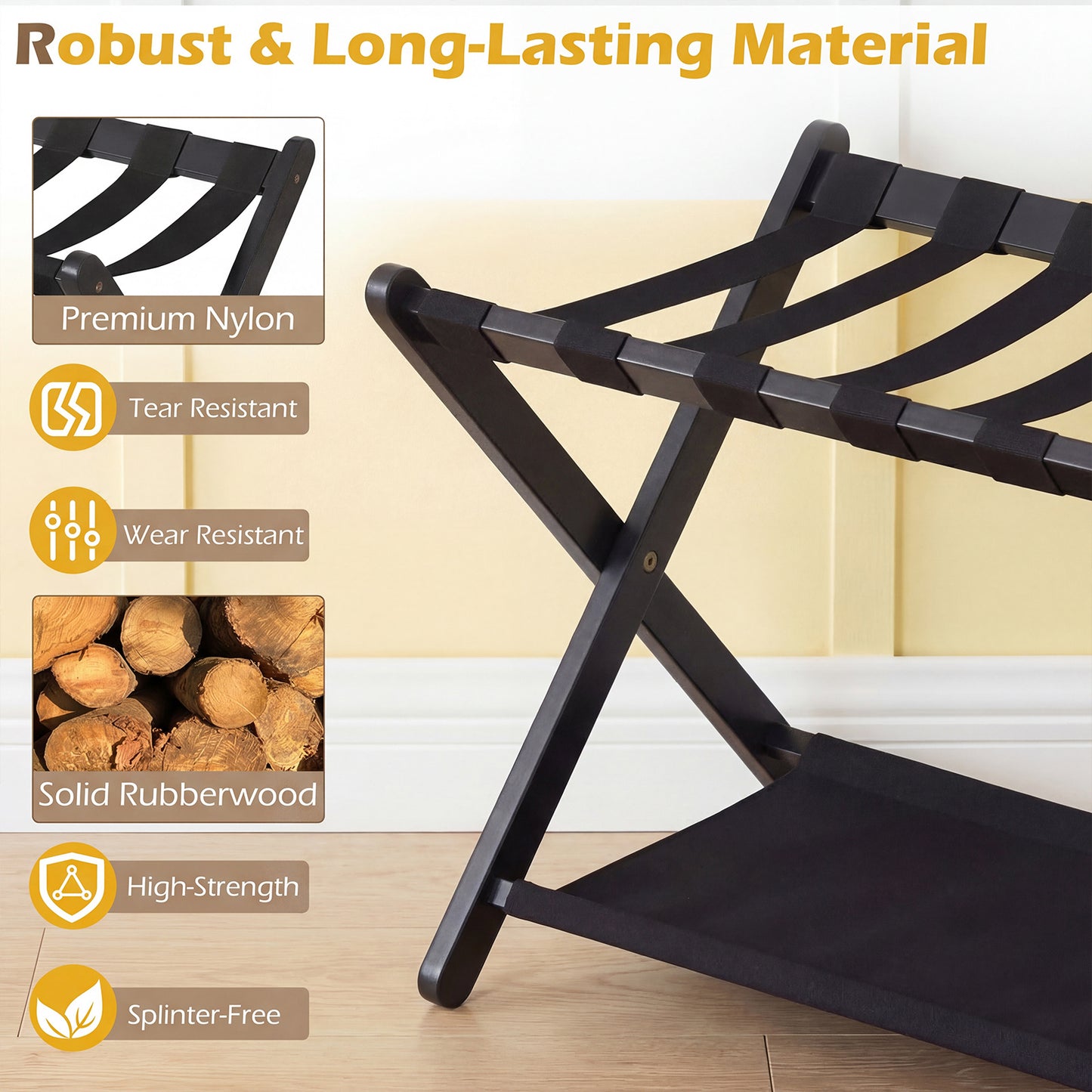 Costway 2 Stucks Opvouwbare Kofferstandaard Bagagerek van Rubberboomhout met 2 Legplanken Kofferbok 67 x 46 x 52 cm Zwart