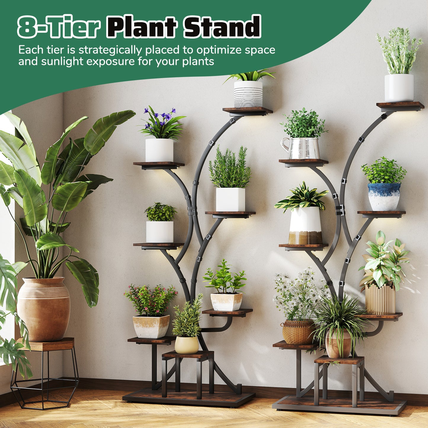 Costway (2 Stucks) Plantenstandaard met Groeilampen 8-laags Plantenrek Bloemenstandaard