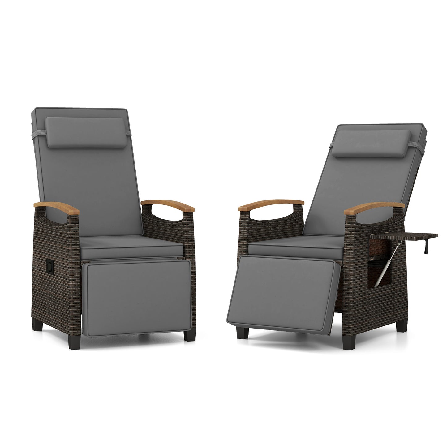Costway 2 Stucks Relaxstoel van Rattan met Zachte Kussens Verstelbare Rugleuning en Voetensteun Grijs