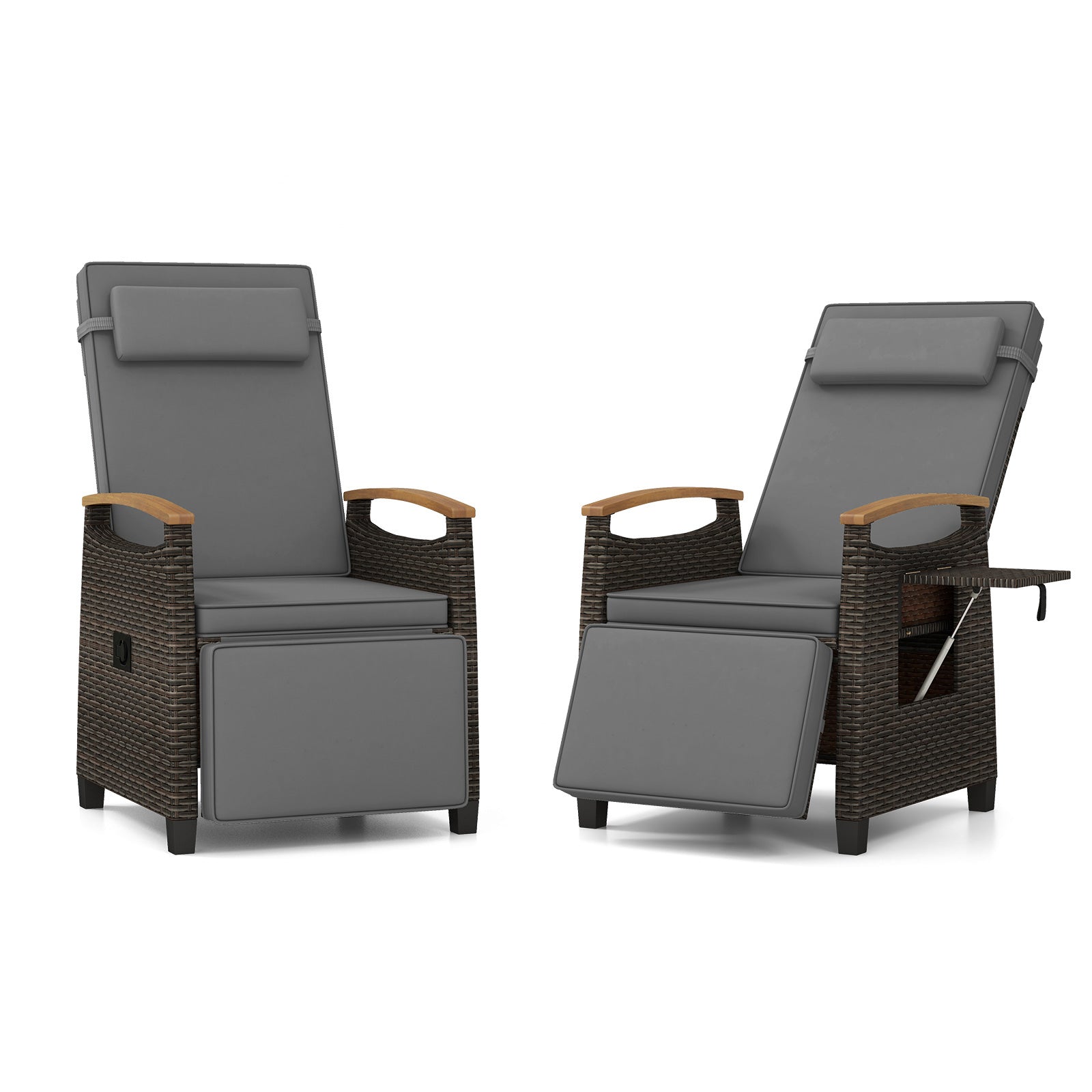 Costway 2 Stucks Relaxstoel van Rattan met Zachte Kussens Verstelbare Rugleuning en Voetensteun Grijs