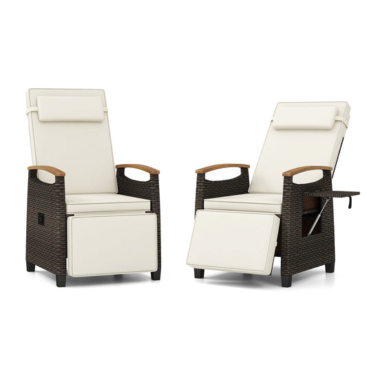 Costway 2 Stucks Relaxstoel van Rattan met Zachte Kussens Verstelbare Rugleuning en Voetensteun Wit