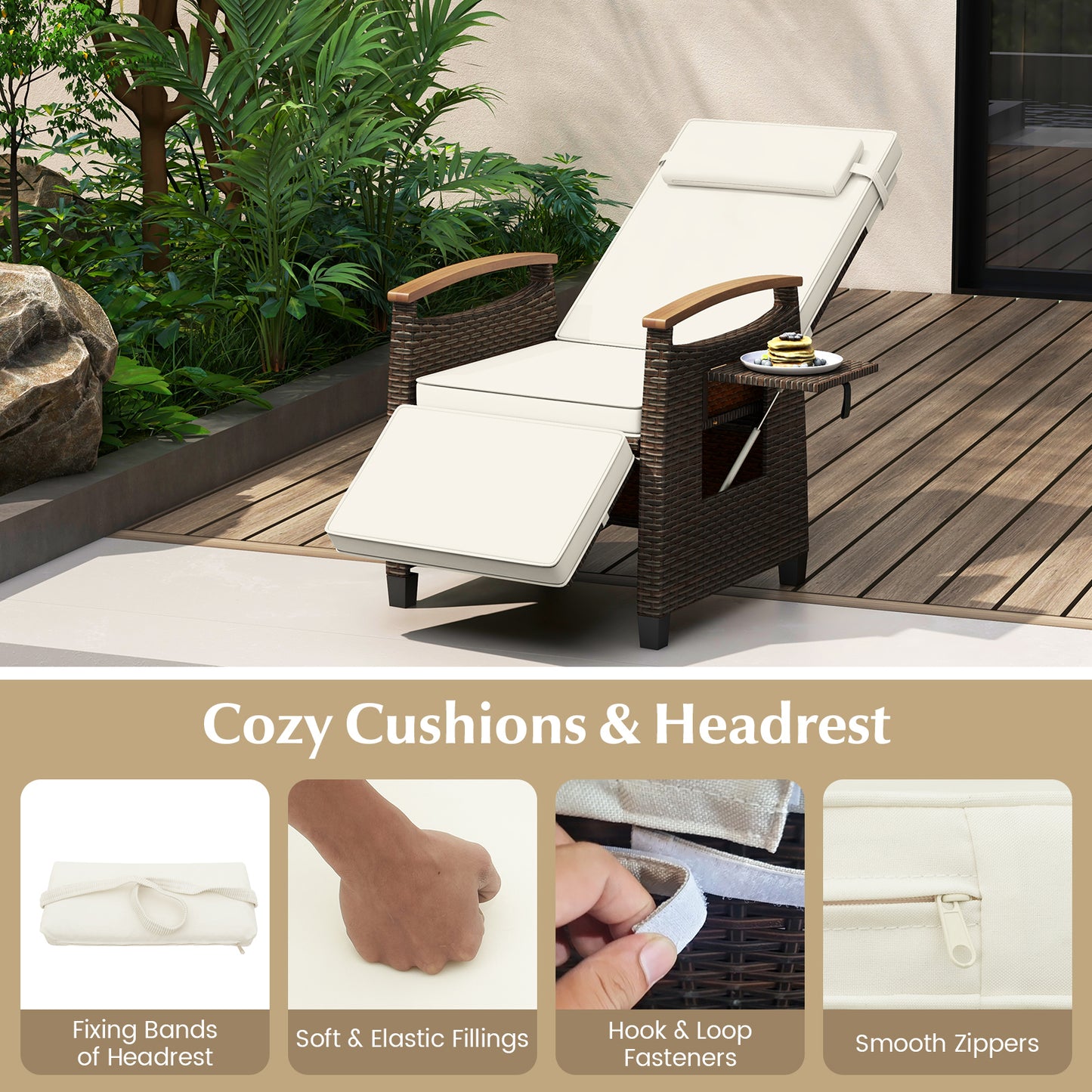 Costway 2 Stucks Relaxstoel van Rattan met Zachte Kussens Verstelbare Rugleuning en Voetensteun Wit
