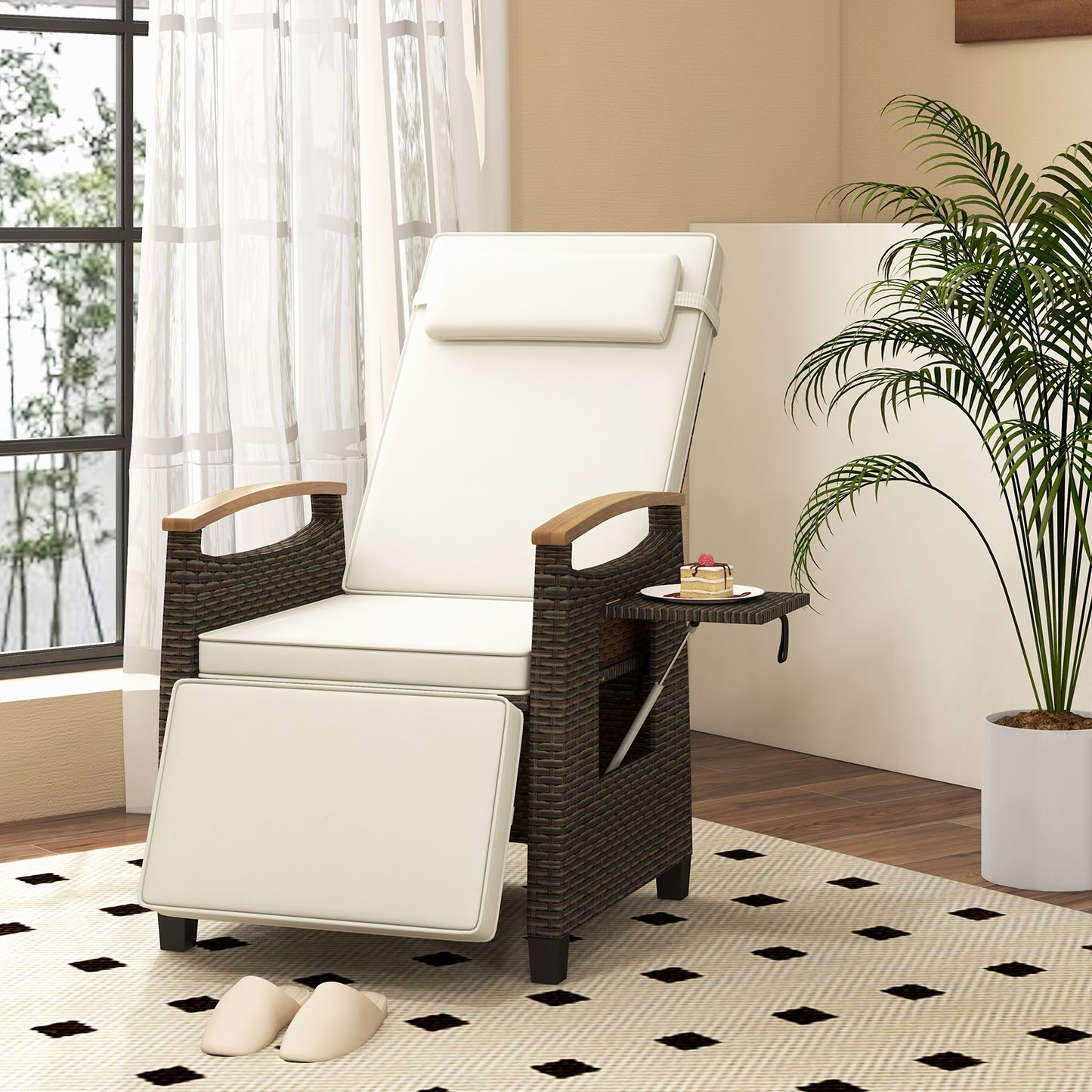 Costway 2 Stucks Relaxstoel van Rattan met Zachte Kussens Verstelbare Rugleuning en Voetensteun Wit