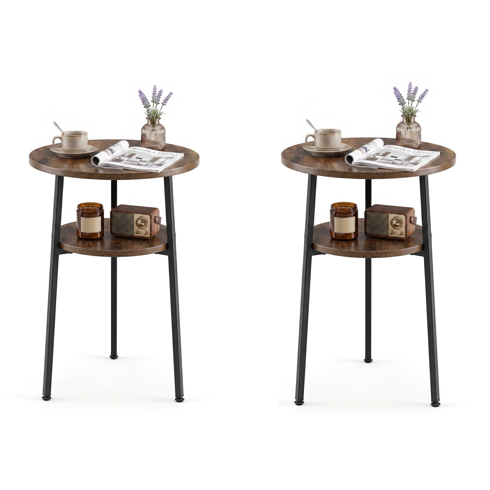 Costway 2 Stucks Ronde Salontafel Ø39 cm Bijzettafel met 2 Niveaus Woonkamertafel met Stalen Frame Kleine Salontafel Bruin