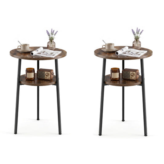 Costway 2 Stucks Ronde Salontafel Ø39 cm Bijzettafel met 2 Niveaus Woonkamertafel met Stalen Frame Kleine Salontafel Bruin