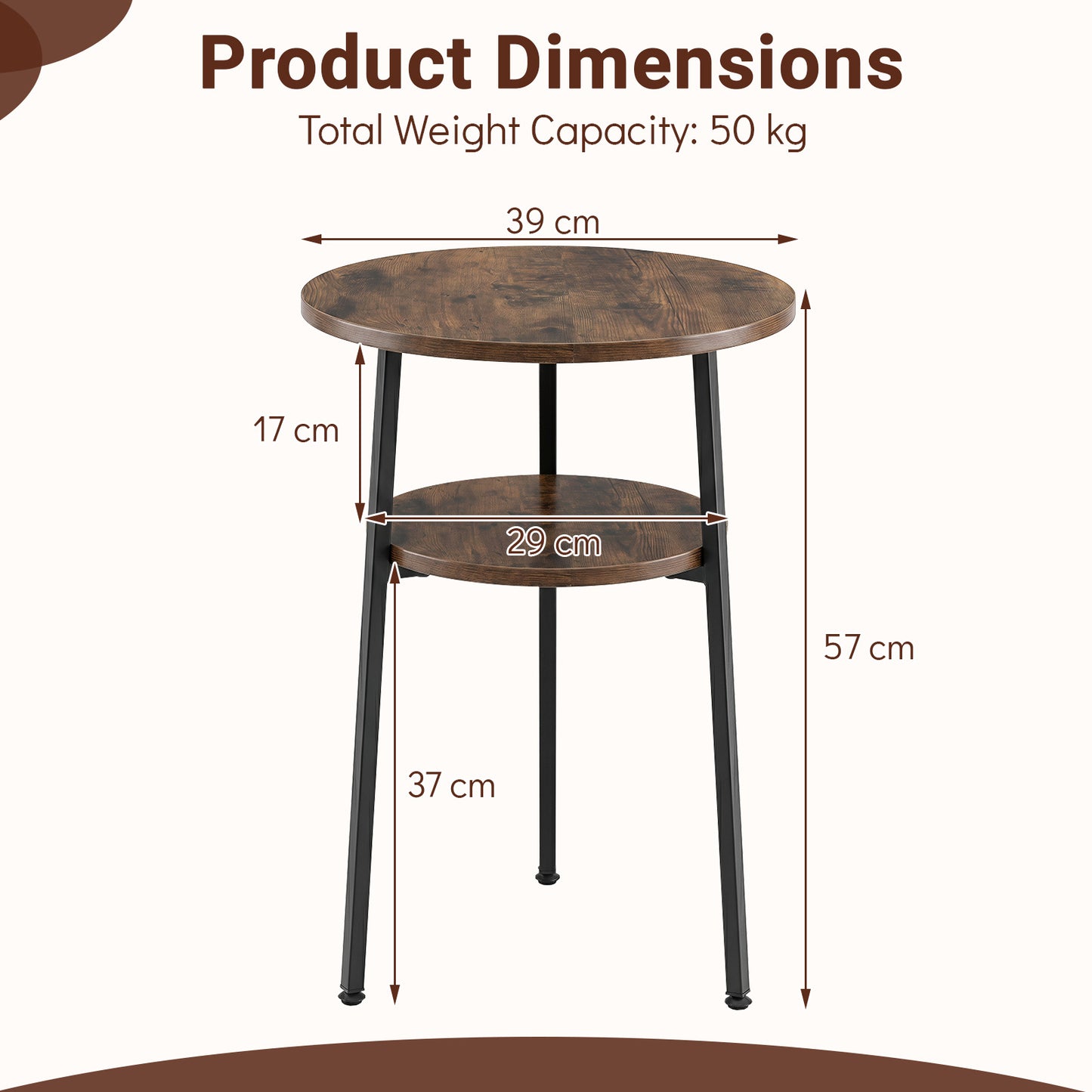 Costway 2 Stucks Ronde Salontafel Ø39 cm Bijzettafel met 2 Niveaus Woonkamertafel met Stalen Frame Kleine Salontafel Bruin