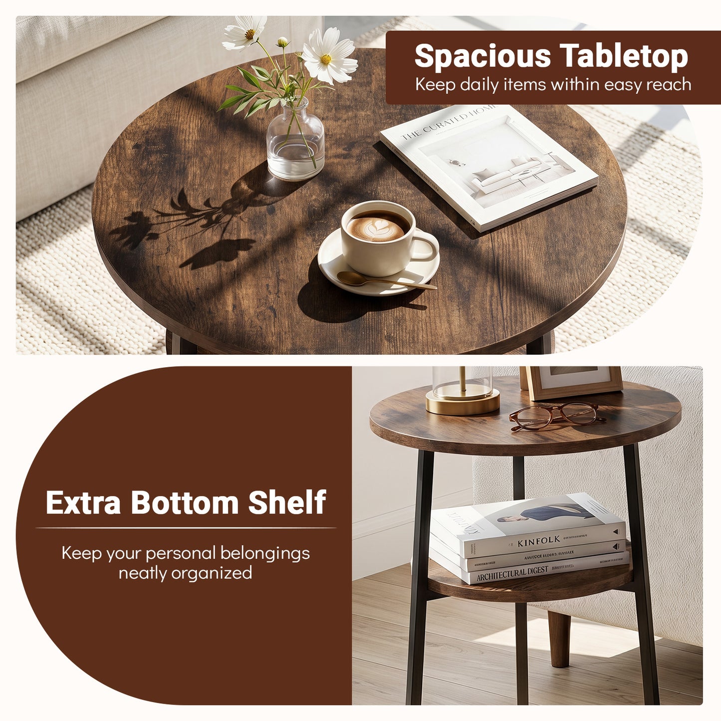Costway 2 Stucks Ronde Salontafel Ø39 cm Bijzettafel met 2 Niveaus Woonkamertafel met Stalen Frame Kleine Salontafel Bruin