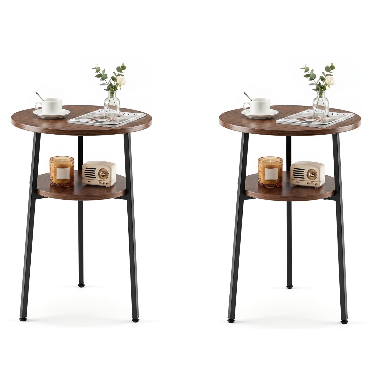 Costway 2 Stucks Ronde Salontafel Ø39 cm Bijzettafel met 2 Niveaus Woonkamertafel met Stalen Frame Kleine Salontafel Okkernoot