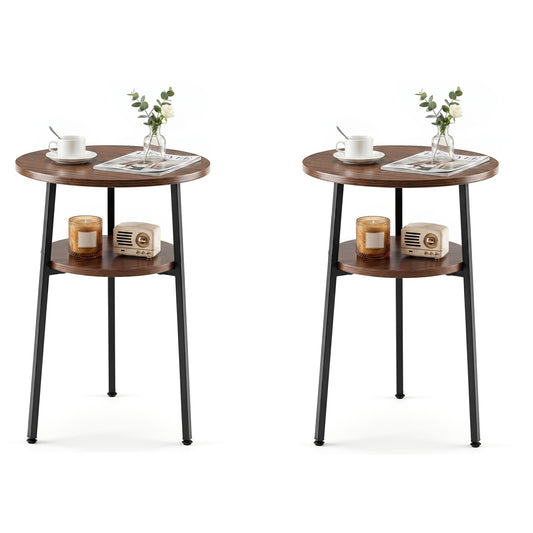 Costway 2 Stucks Ronde Salontafel Ø39 cm Bijzettafel met 2 Niveaus Woonkamertafel met Stalen Frame Kleine Salontafel Okkernoot