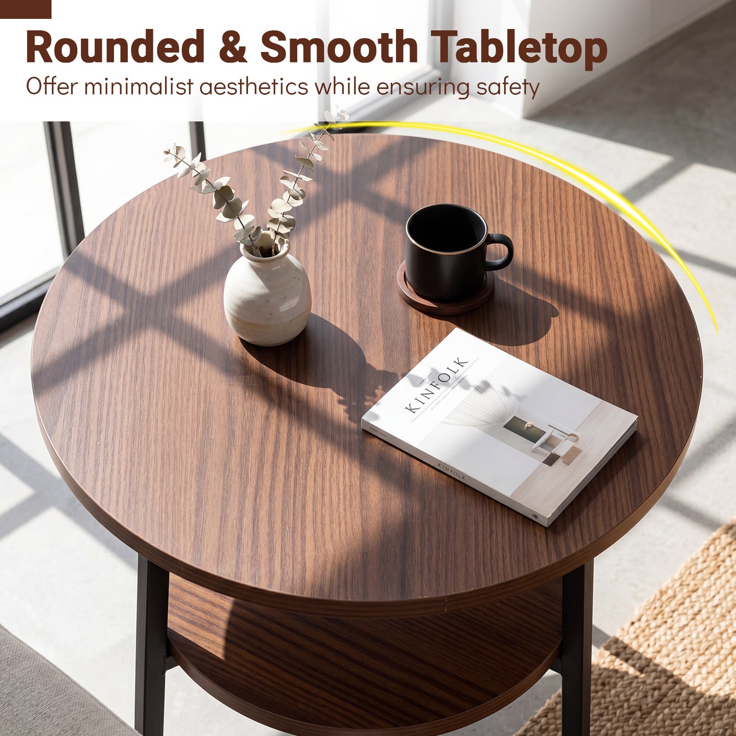 Costway 2 Stucks Ronde Salontafel Ø39 cm Bijzettafel met 2 Niveaus Woonkamertafel met Stalen Frame Kleine Salontafel Okkernoot