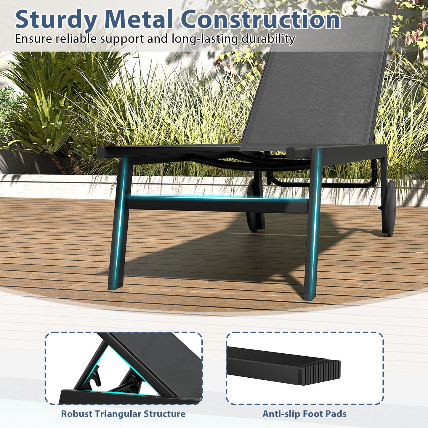 Costway 2 Stucks Tuinligstoel op Wielen met in 6 Standen Verstelbare Rugleuning en Ademende Stoelbekleding-Grijs